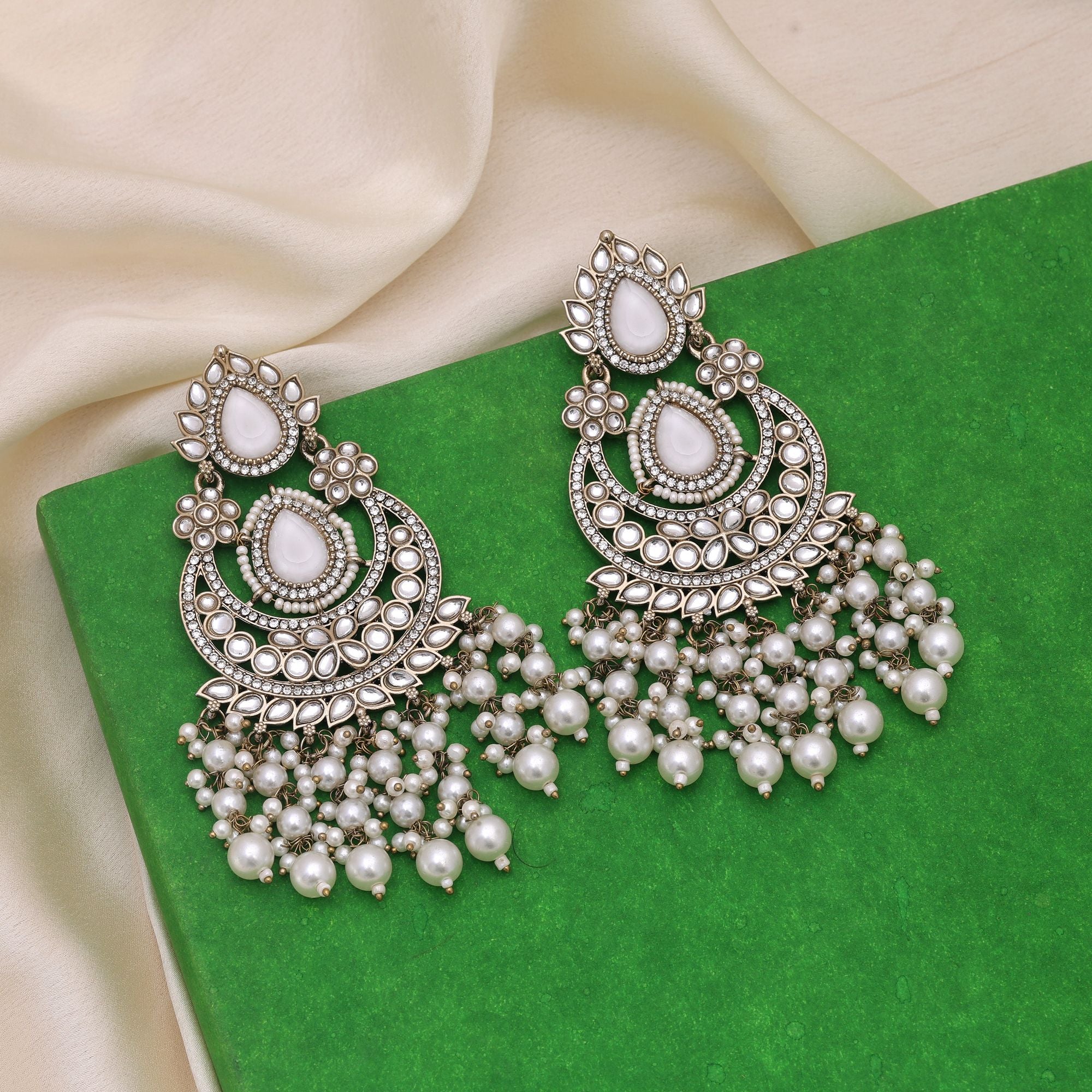 White Color Kundan Earrings Styled For Minimal Yet Elegant Ethnic Wear - White