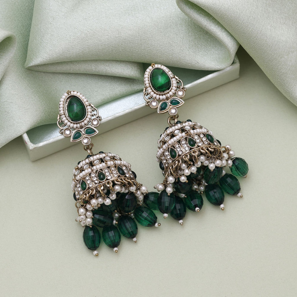 Green Color Kundan Earrings Styled With Matching Kundan Earrings Tikka Set Appeal - Green