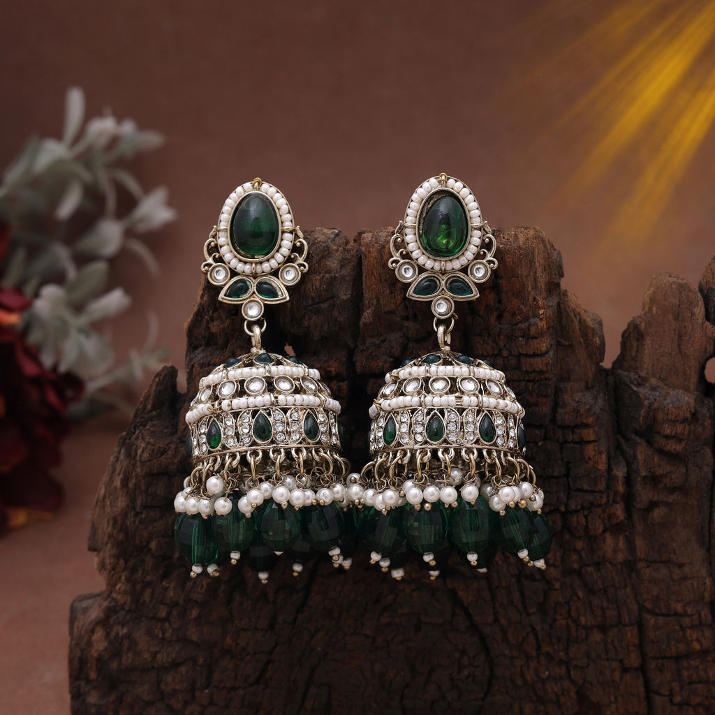 Green Color Kundan Earrings Styled With Matching Kundan Earrings Tikka Set Appeal - Green