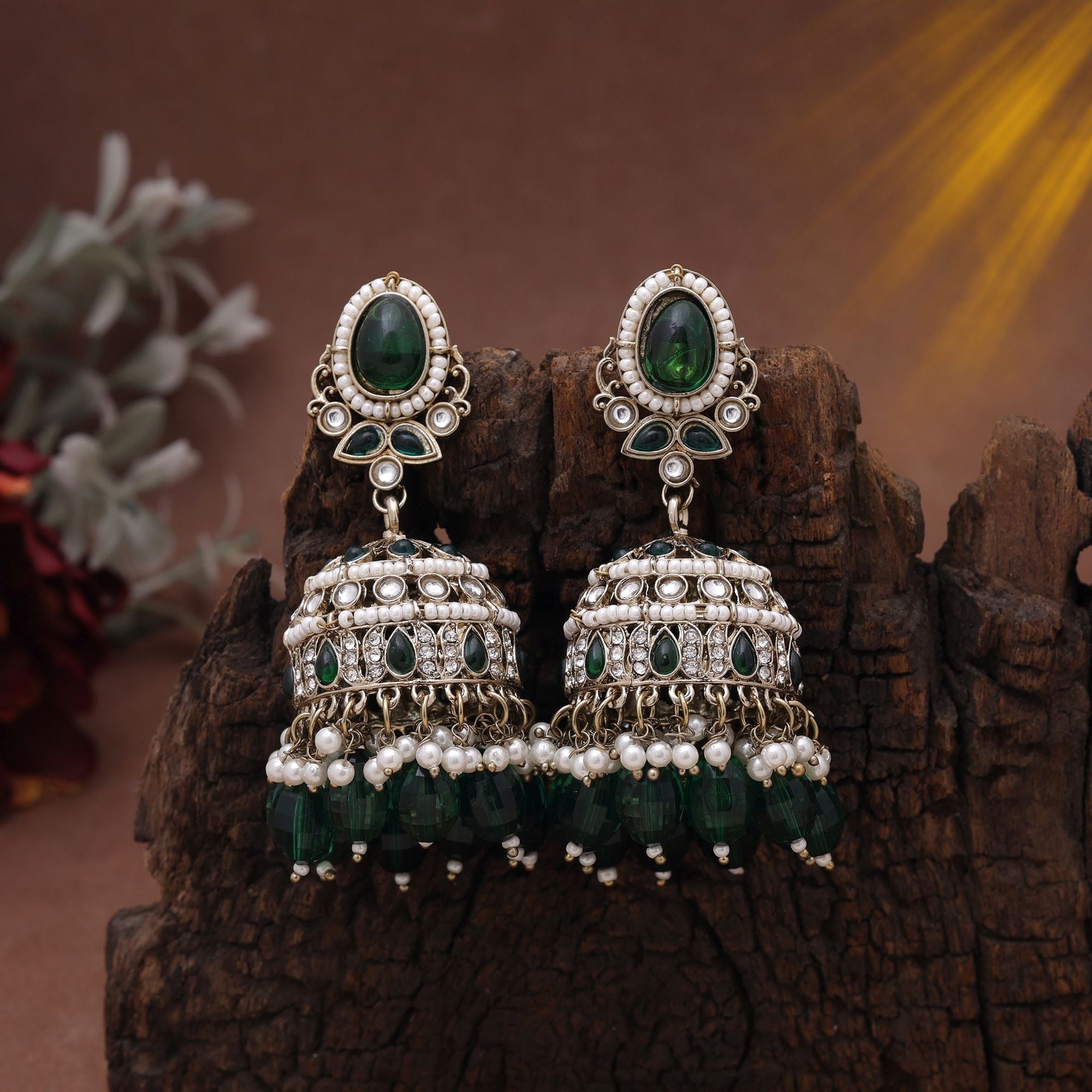 Green Color Kundan Earrings Styled With Matching Kundan Earrings Tikka Set Appeal - Green
