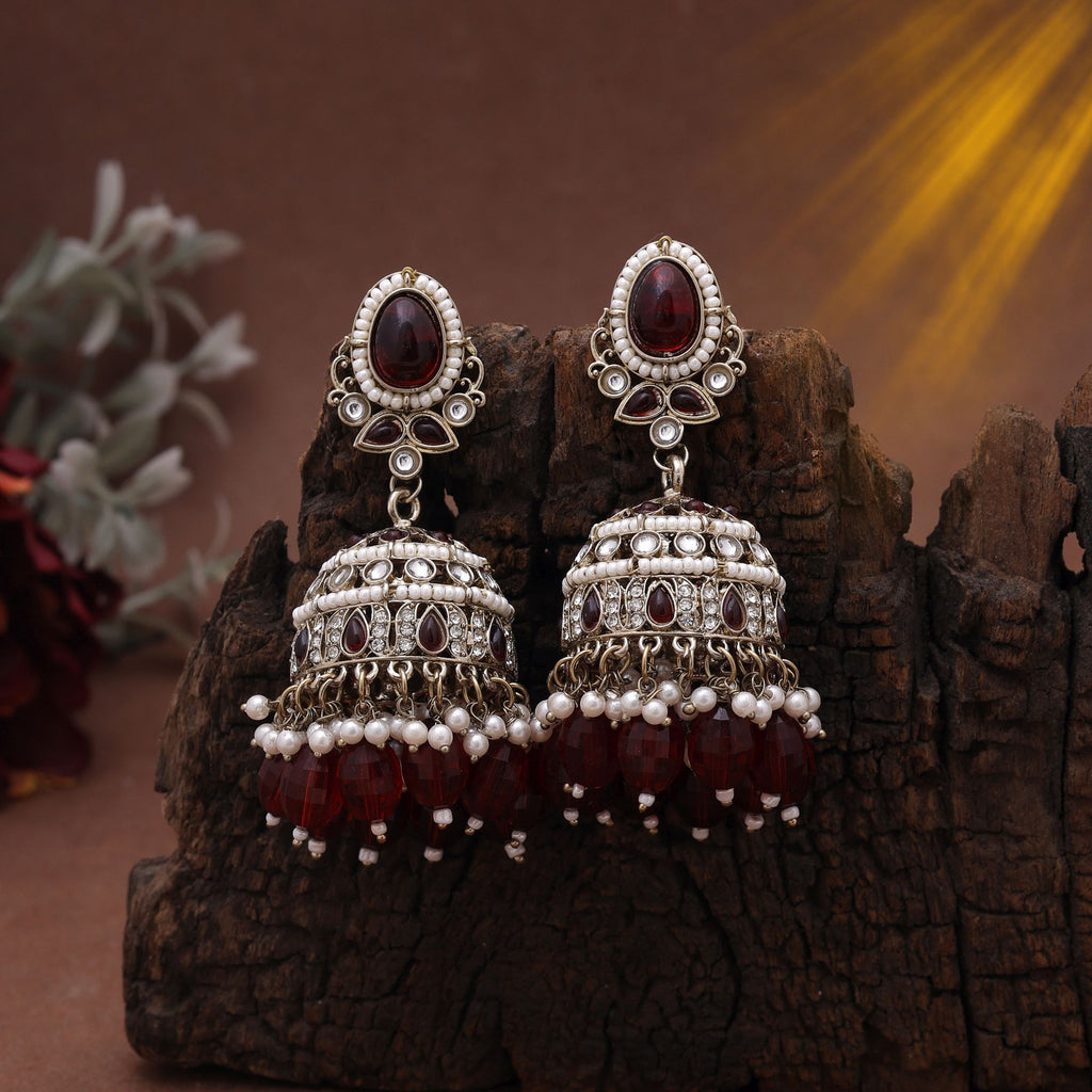 Maroon Color Kundan Earrings Styled For Festive Kundan Earrings Tikka Set Wear - Maroon