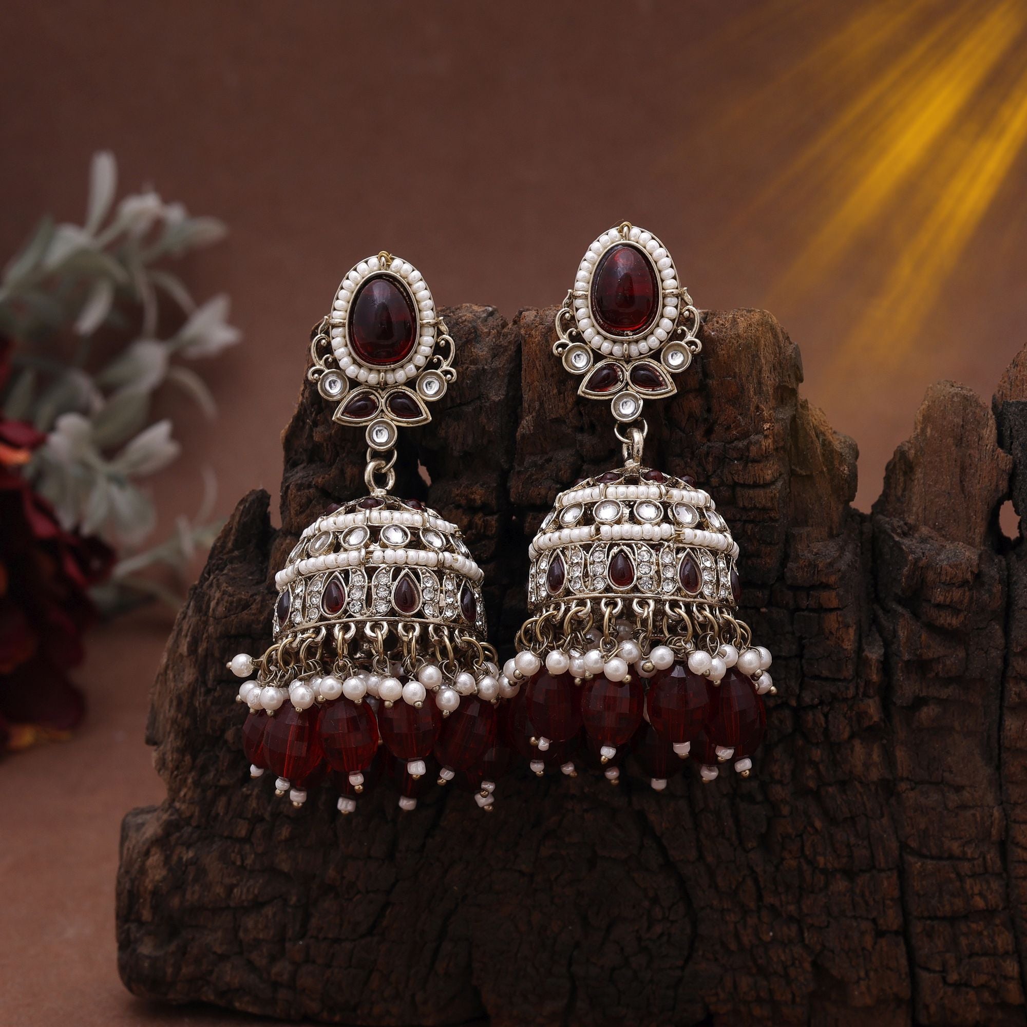 Maroon Color Kundan Earrings Styled For Festive Kundan Earrings Tikka Set Wear - Maroon