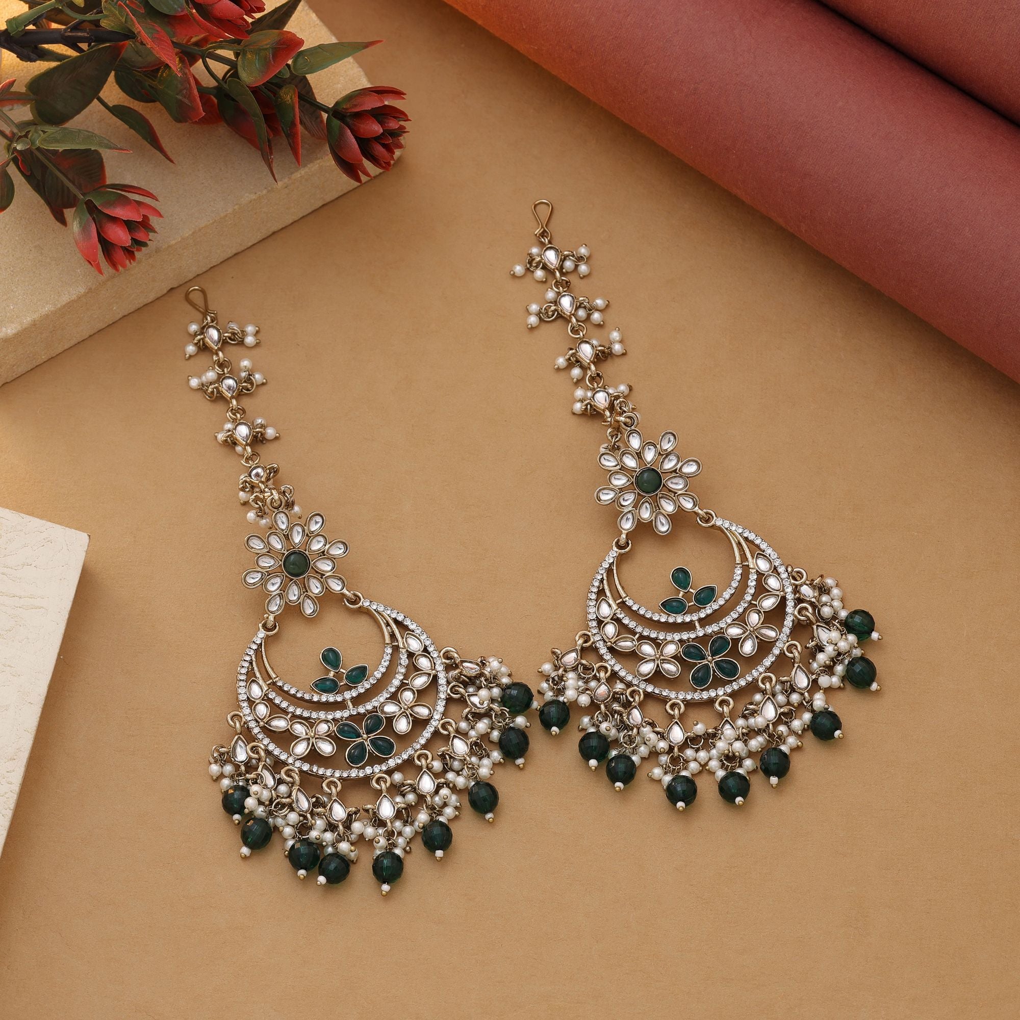 Green Color Kundan Earrings Featuring Traditional Kundan Earrings Tikka Set - Green