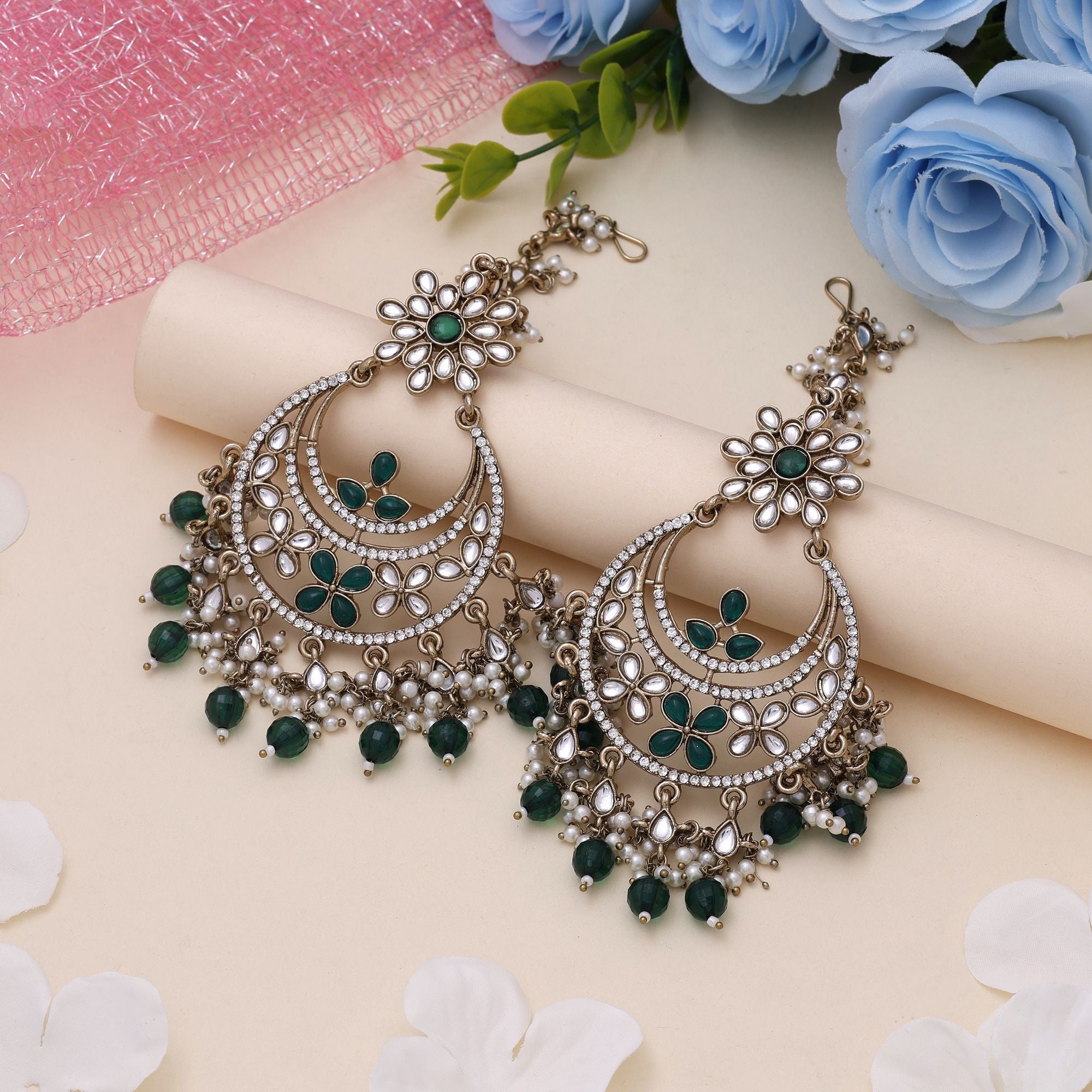 Green Color Kundan Earrings Featuring Traditional Kundan Earrings Tikka Set - Green