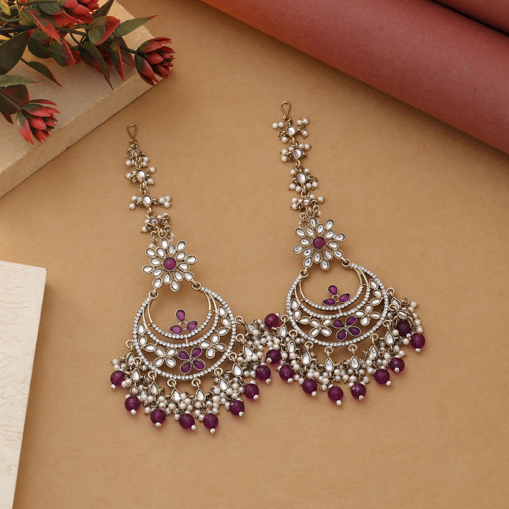 Purple Color Kundan Earrings With Festive Kundan Earrings Tikka Set Look - Purple