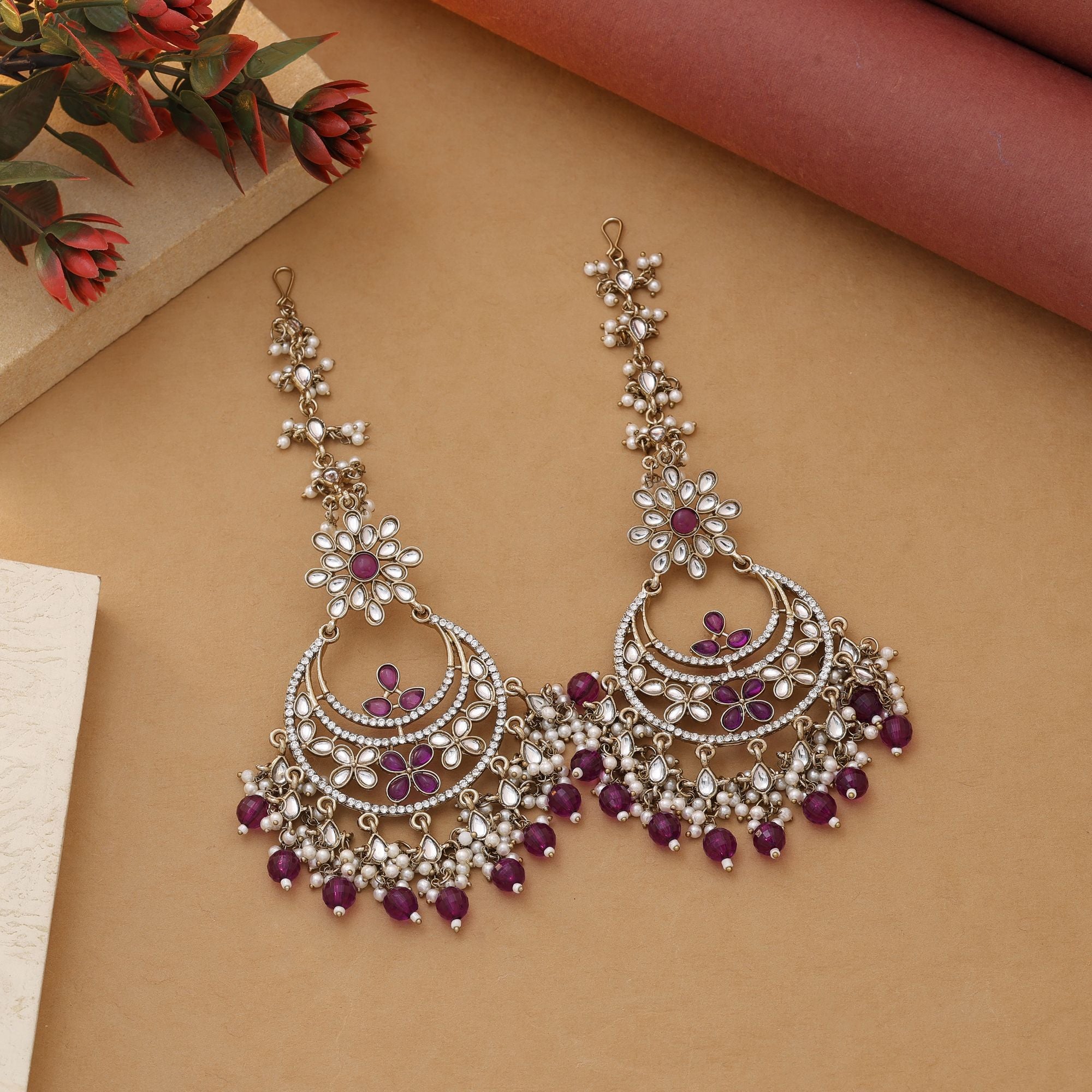 Purple Color Kundan Earrings With Festive Kundan Earrings Tikka Set Look - Purple