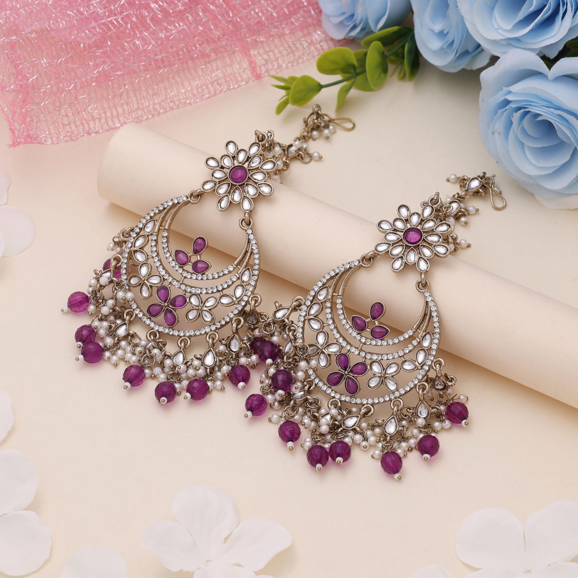 Purple Color Kundan Earrings With Festive Kundan Earrings Tikka Set Look - Purple