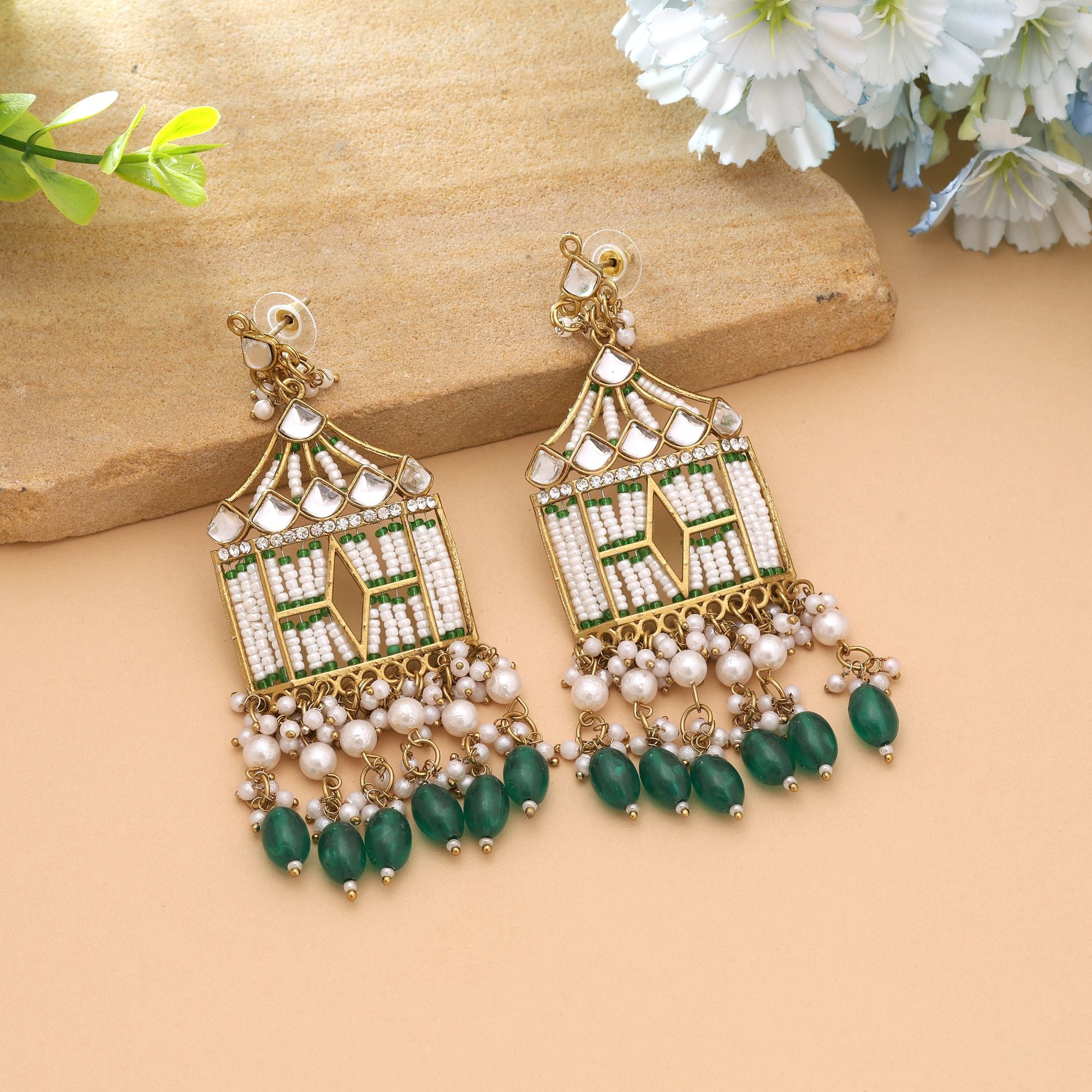 Green Color Elegant Traditional Party Wear Kundan Earrings With Classic Ethnic Design - Green