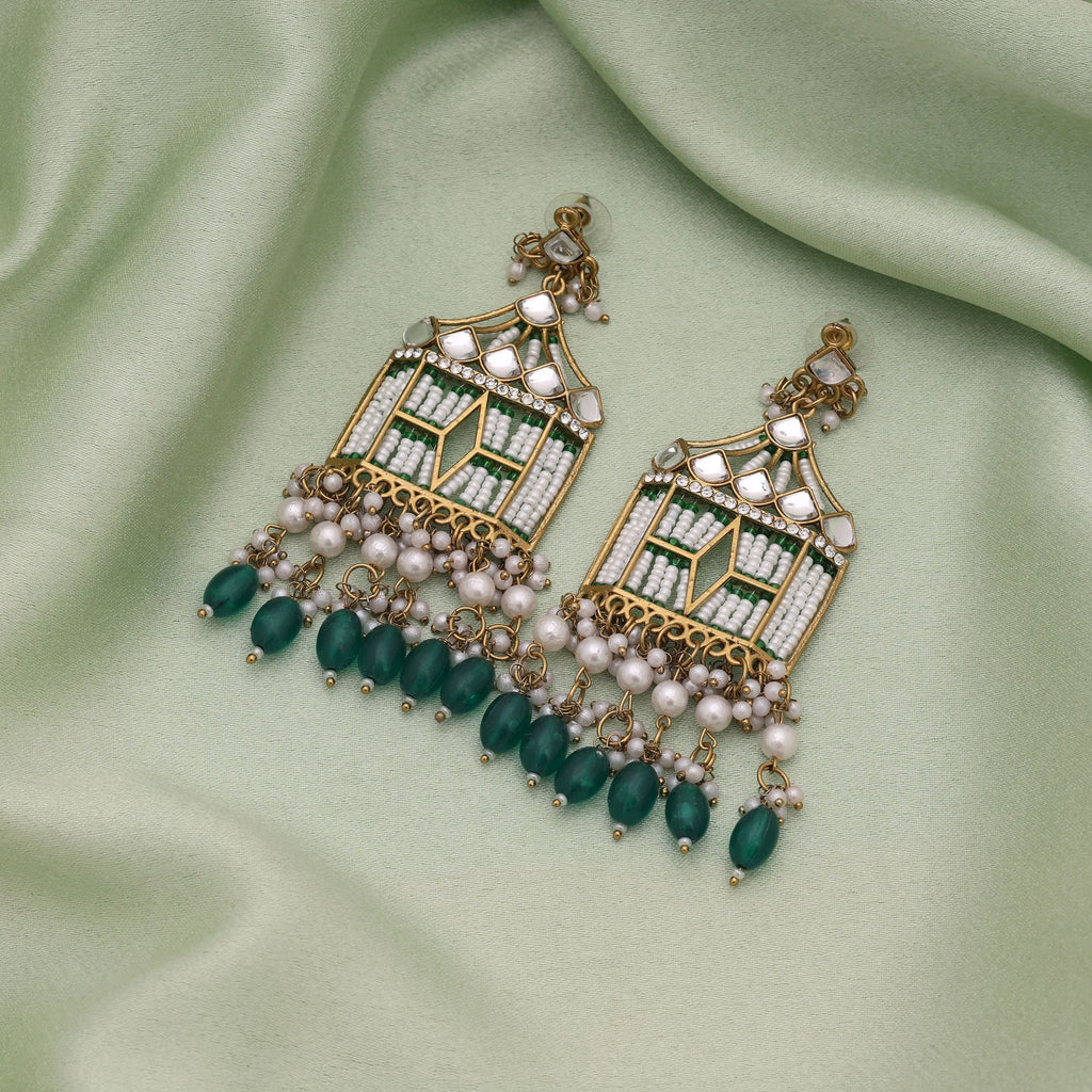 Green Color Elegant Traditional Party Wear Kundan Earrings With Classic Ethnic Design - Green