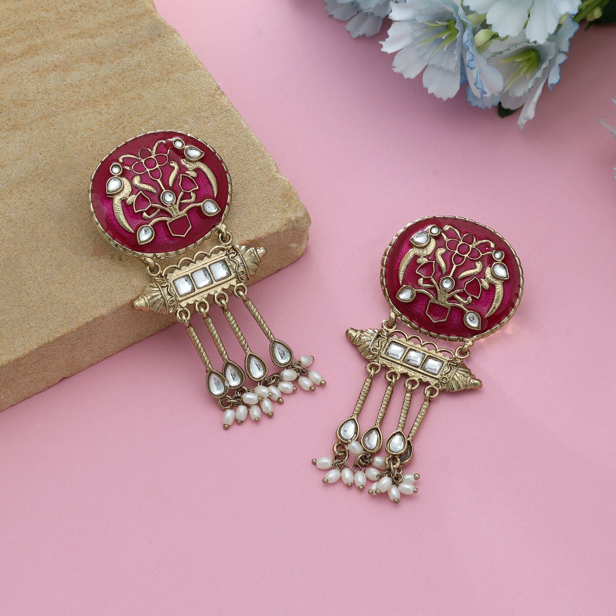 Rani Color Meena Work Kundan Earrings Royal Indian Wedding Jewelry Statement