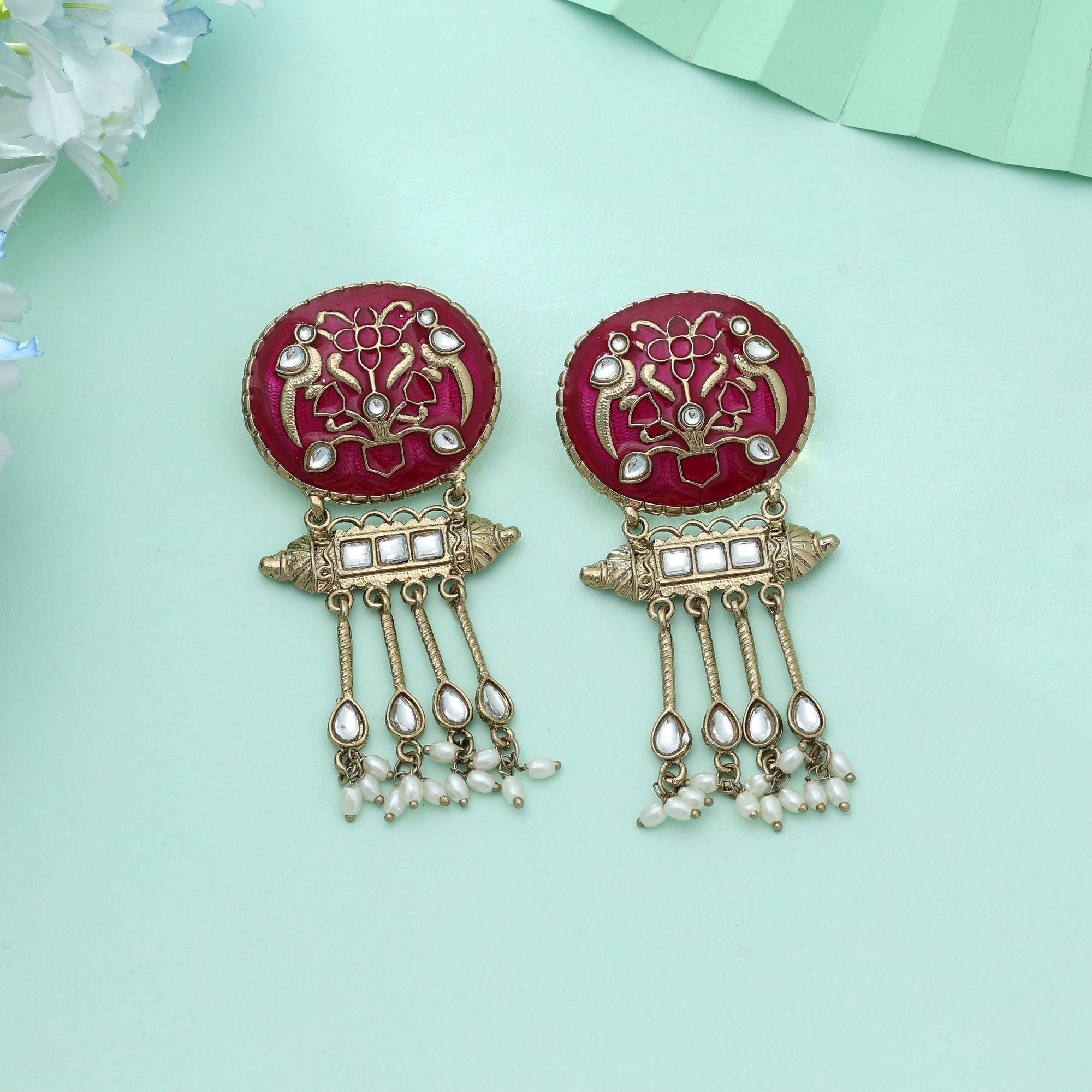 Rani Color Meena Work Kundan Earrings Royal Indian Wedding Jewelry Statement
