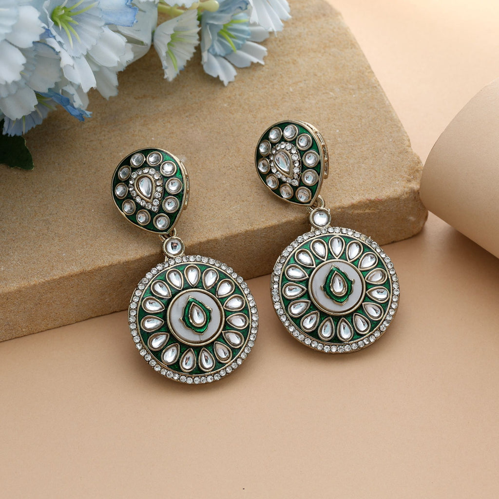Green Color Meena Work Kundan Earrings Elegant Indian Wedding Jewelry Style - Green