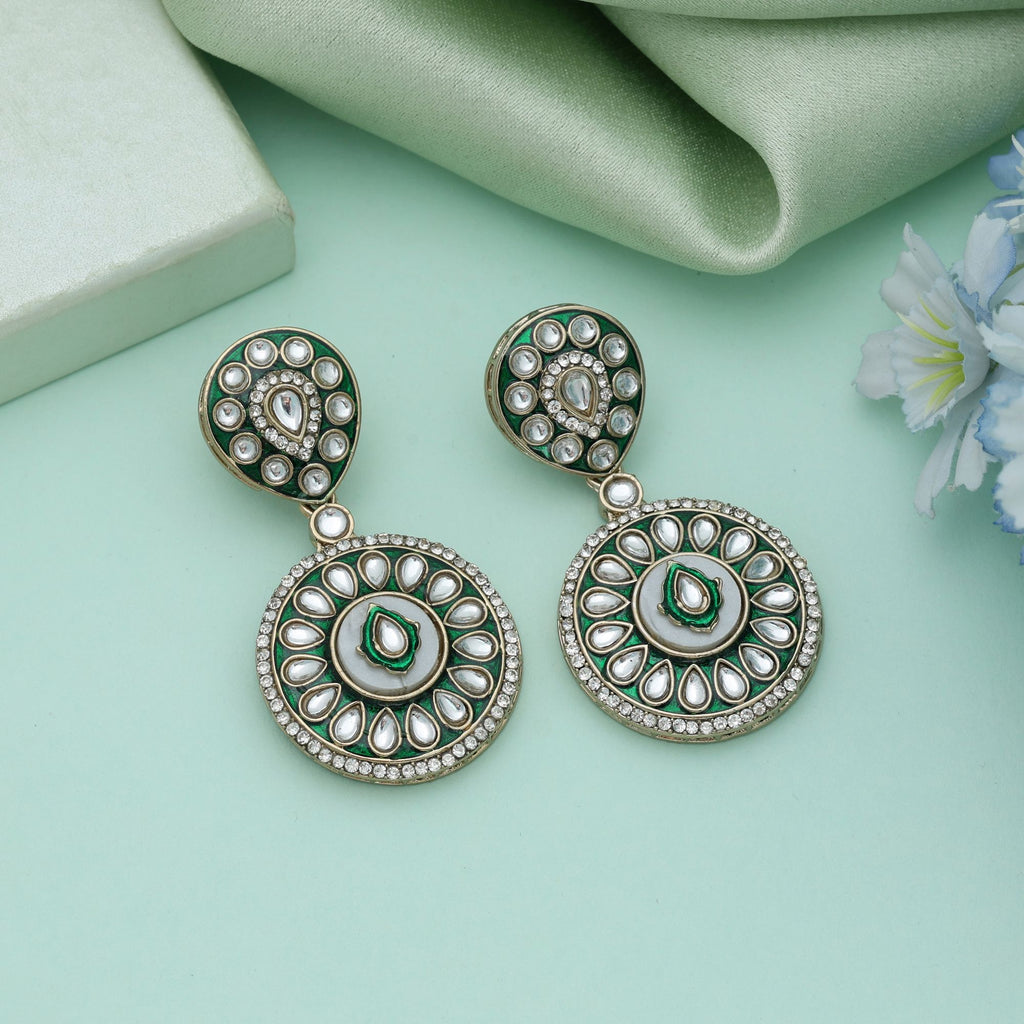 Green Color Meena Work Kundan Earrings Elegant Indian Wedding Jewelry Style - Green
