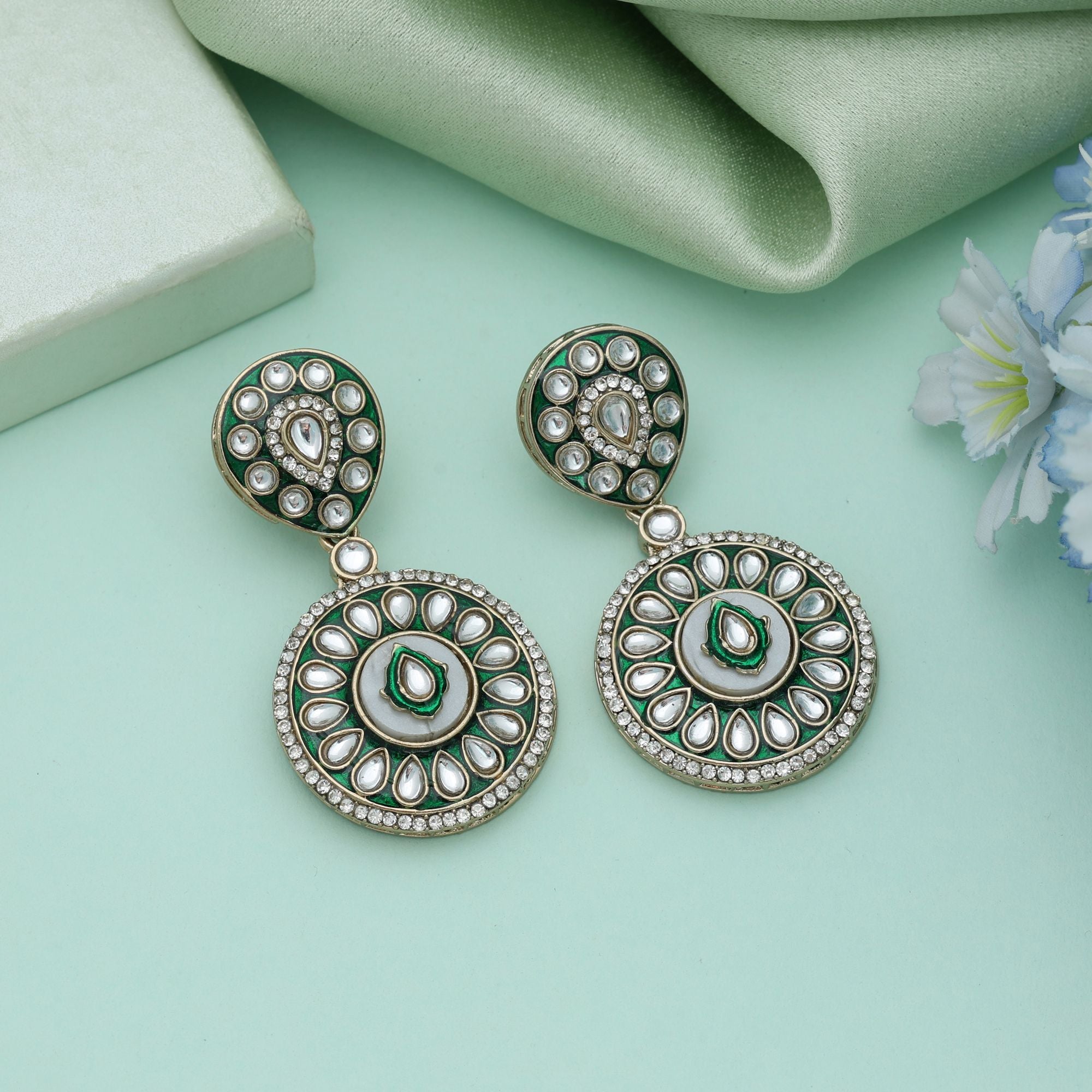 Green Color Meena Work Kundan Earrings Elegant Indian Wedding Jewelry Style - Green