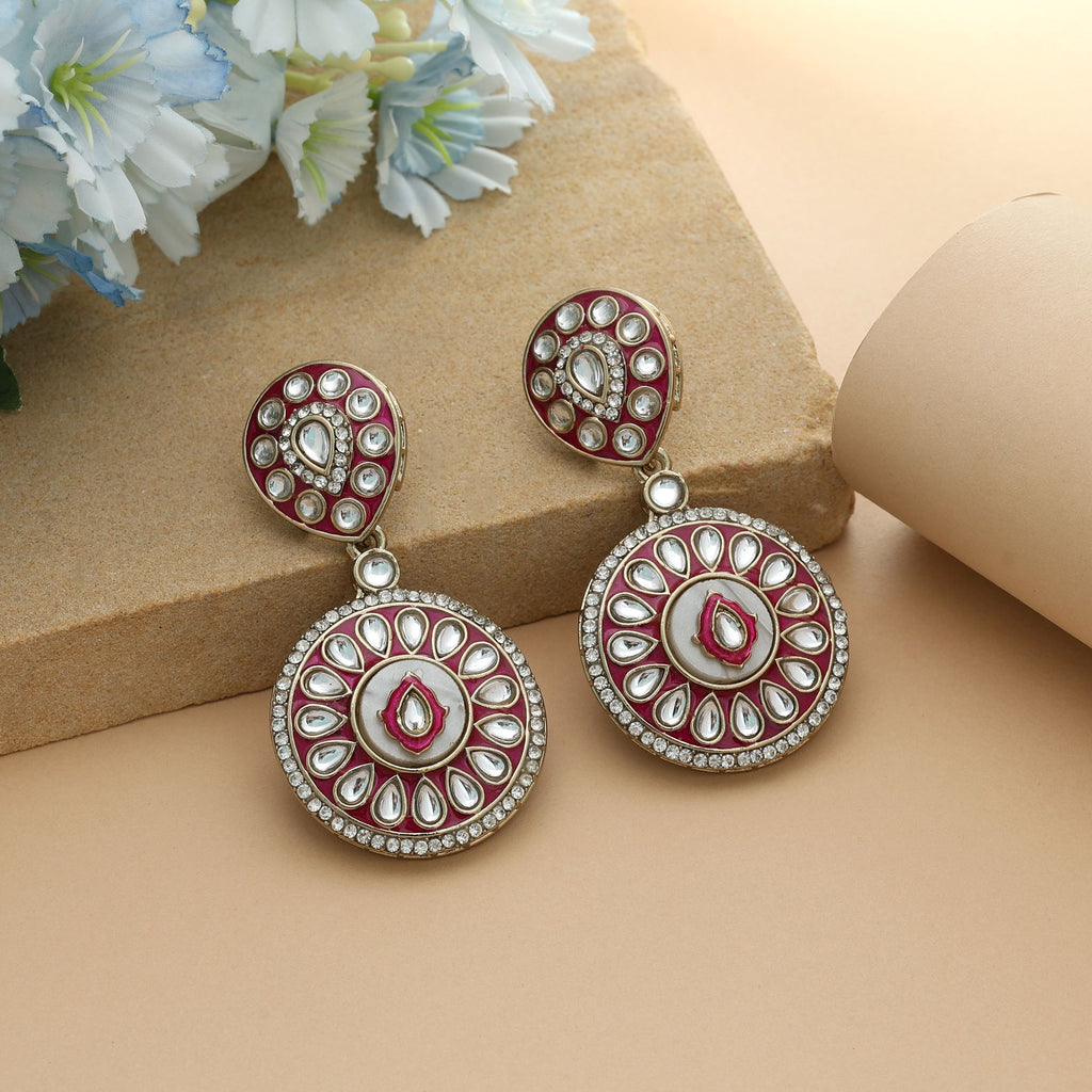 Red Color Meena Work Kundan Earrings Traditional Wedding Jewelry Statement Style - Red