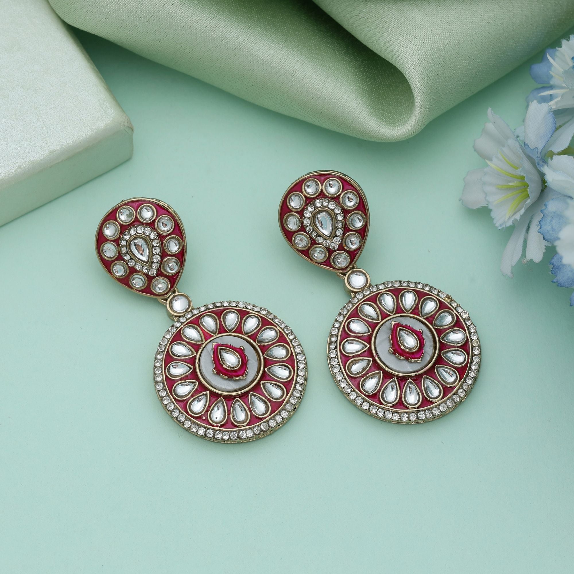 Red Color Meena Work Kundan Earrings Traditional Wedding Jewelry Statement Style - Red