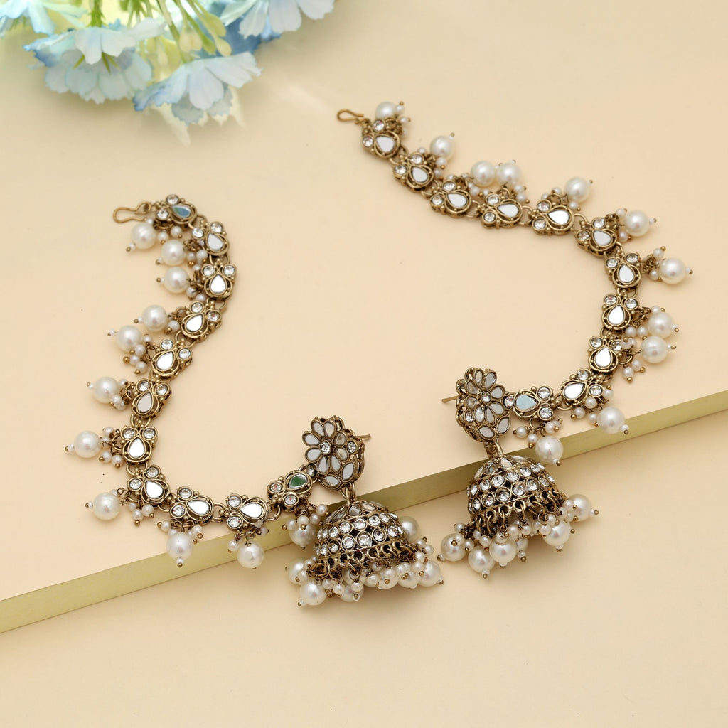White Color Mirror & Kundan Earrings Elegant Traditional Party Wear Jewelry Design - White