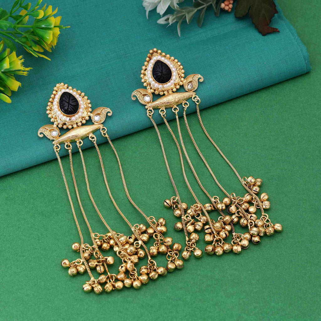Black Color Gorgeous Antique Finish Long Kashmiri Earrings For Ethnic Attire - Black
