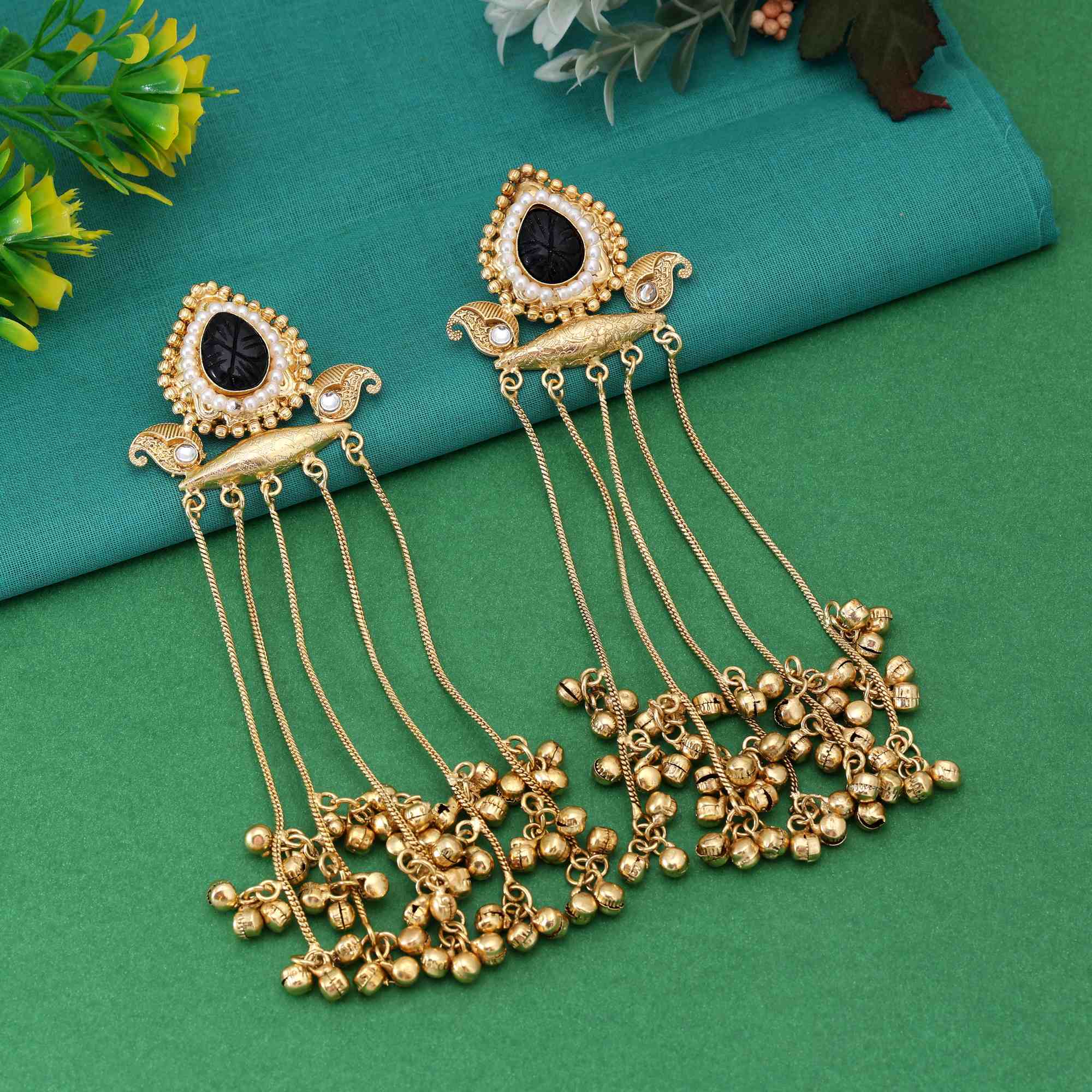 Black Color Gorgeous Antique Finish Long Kashmiri Earrings For Ethnic Attire - Black