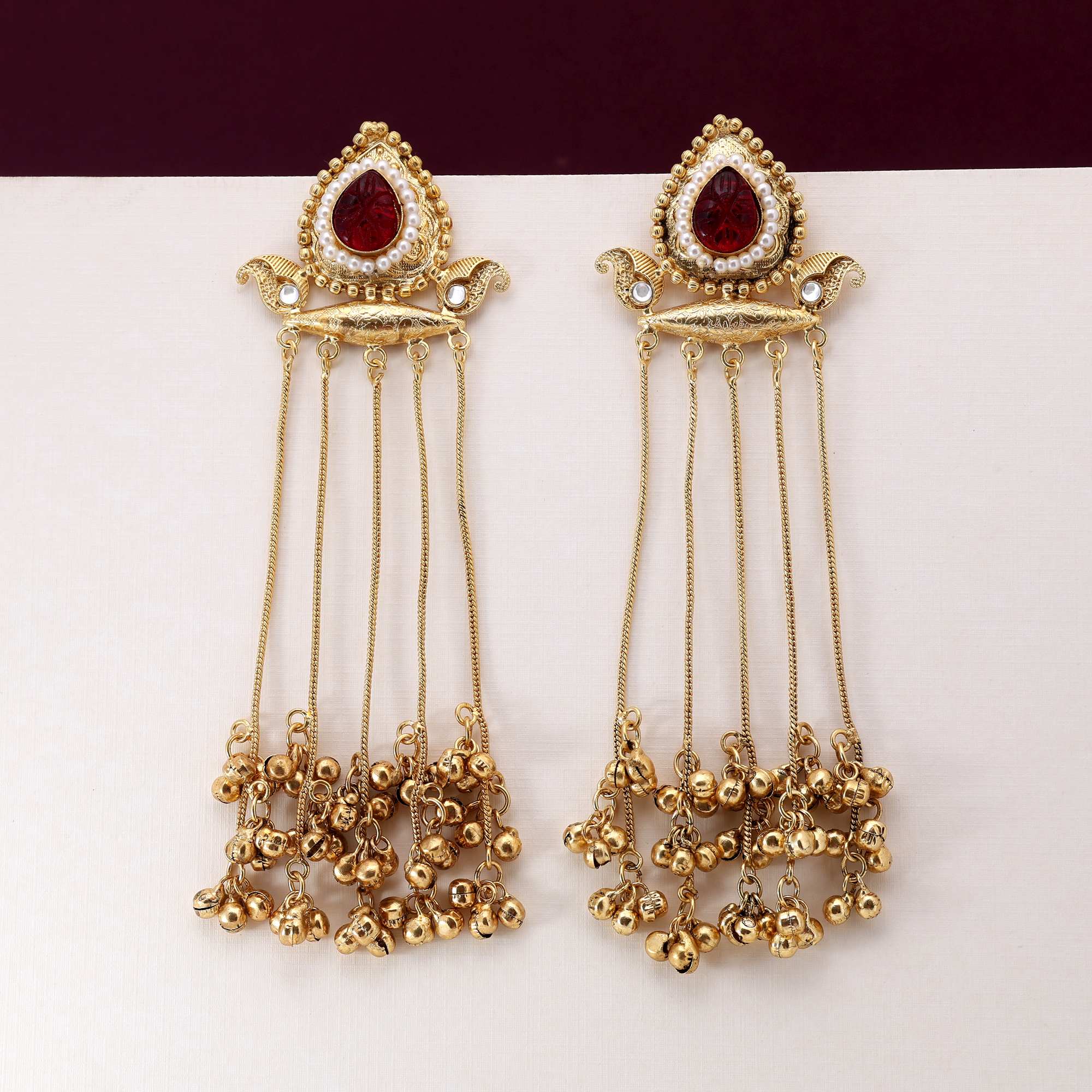 Maroon Color Elegant Traditional Long Kashmiri Earrings For Festive And Party Wear - Maroon