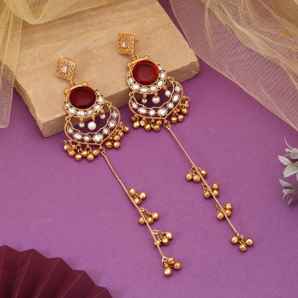 Maroon Color Antique Polish Long Kashmiri Earrings For Weddings And Celebrations - Maroon