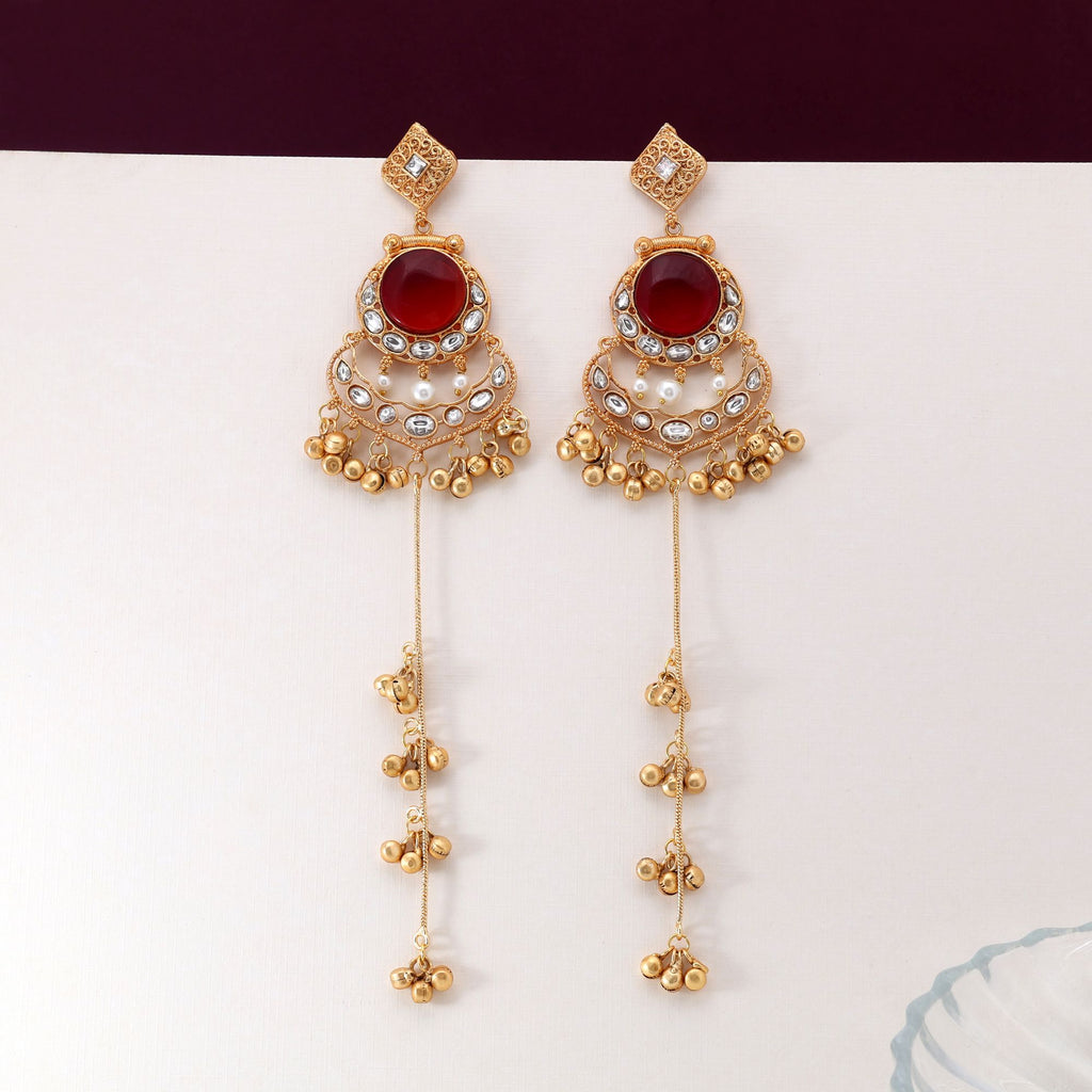 Maroon Color Antique Polish Long Kashmiri Earrings For Weddings And Celebrations - Maroon