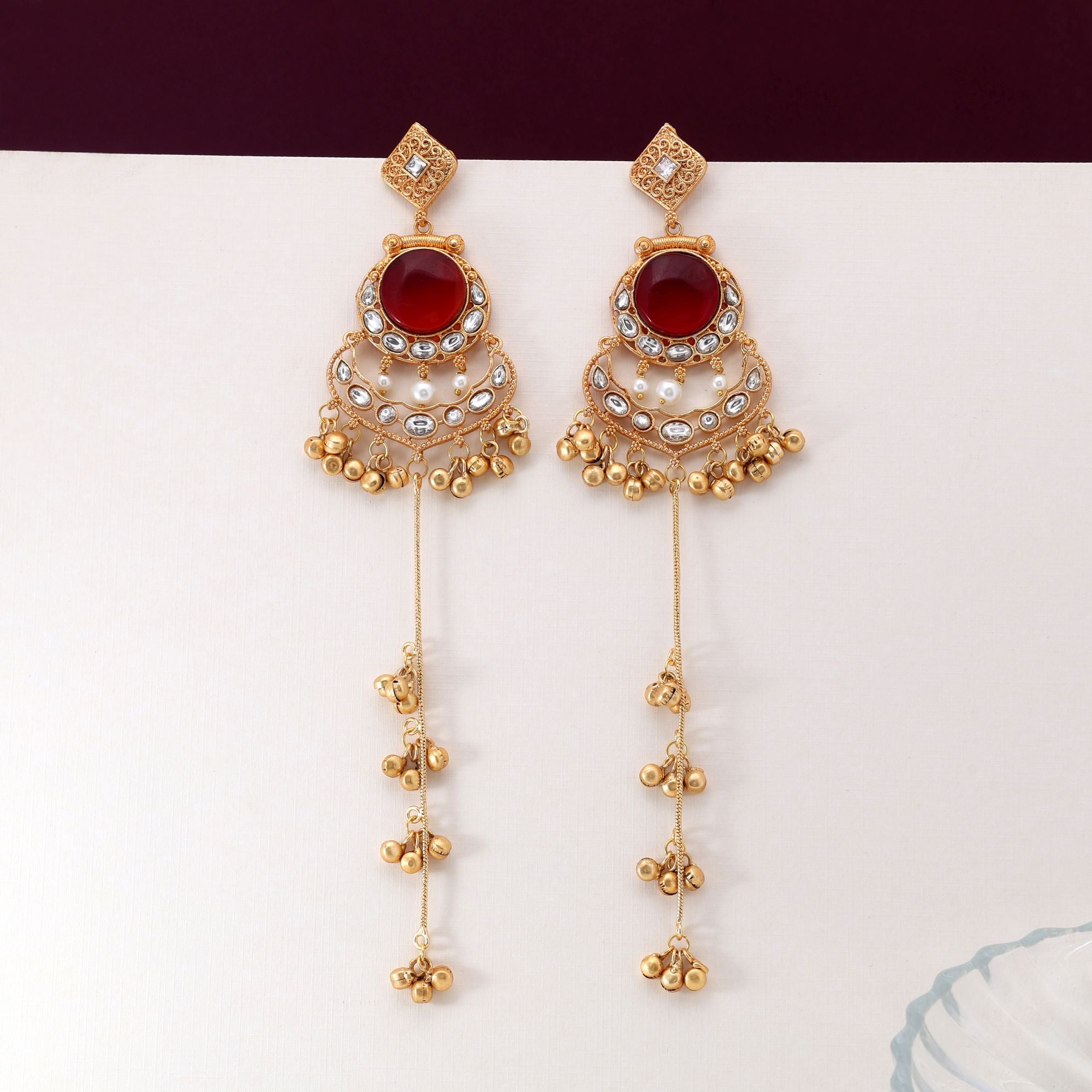 Maroon Color Antique Polish Long Kashmiri Earrings For Weddings And Celebrations - Maroon