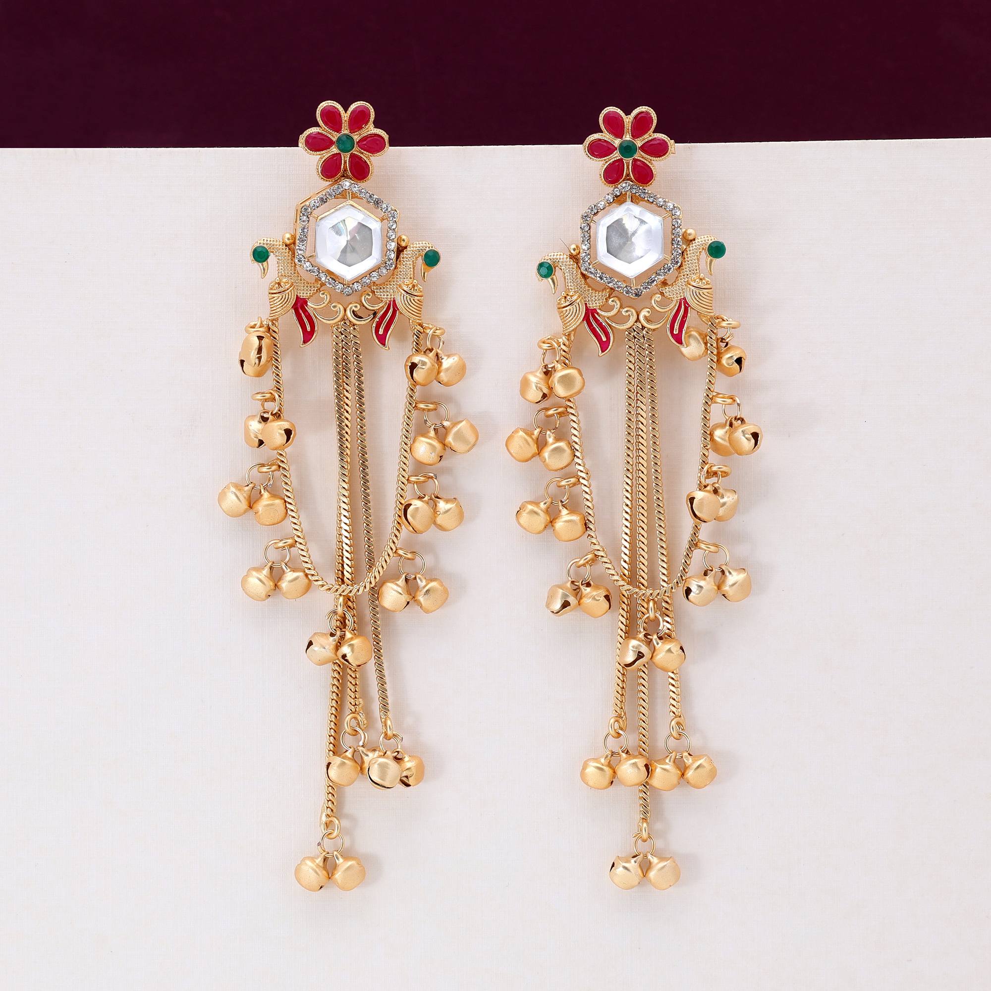 Rani & Green Color Gorgeous Heavy Work Long Kashmiri Earrings For Special Events - Rani & Green
