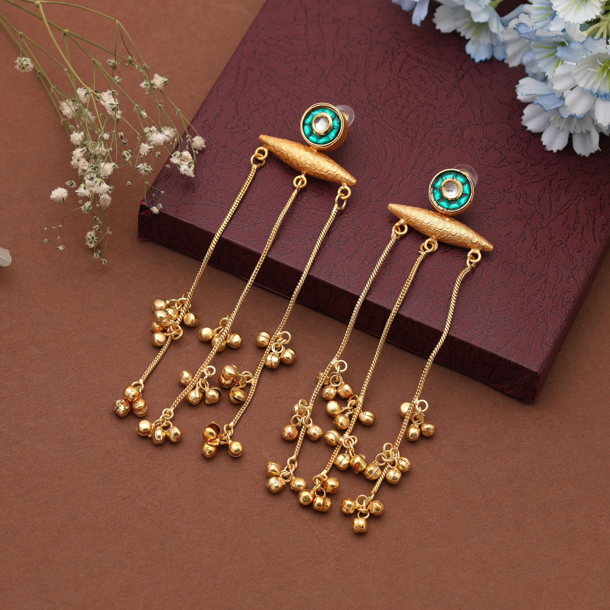 Green Color Long Kasmiri Earrings Crafted To Elevate Festive Attire With Intricate Traditional Artistry - Green