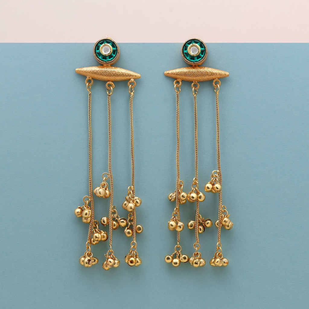 Green Color Long Kasmiri Earrings Crafted To Elevate Festive Attire With Intricate Traditional Artistry - Green