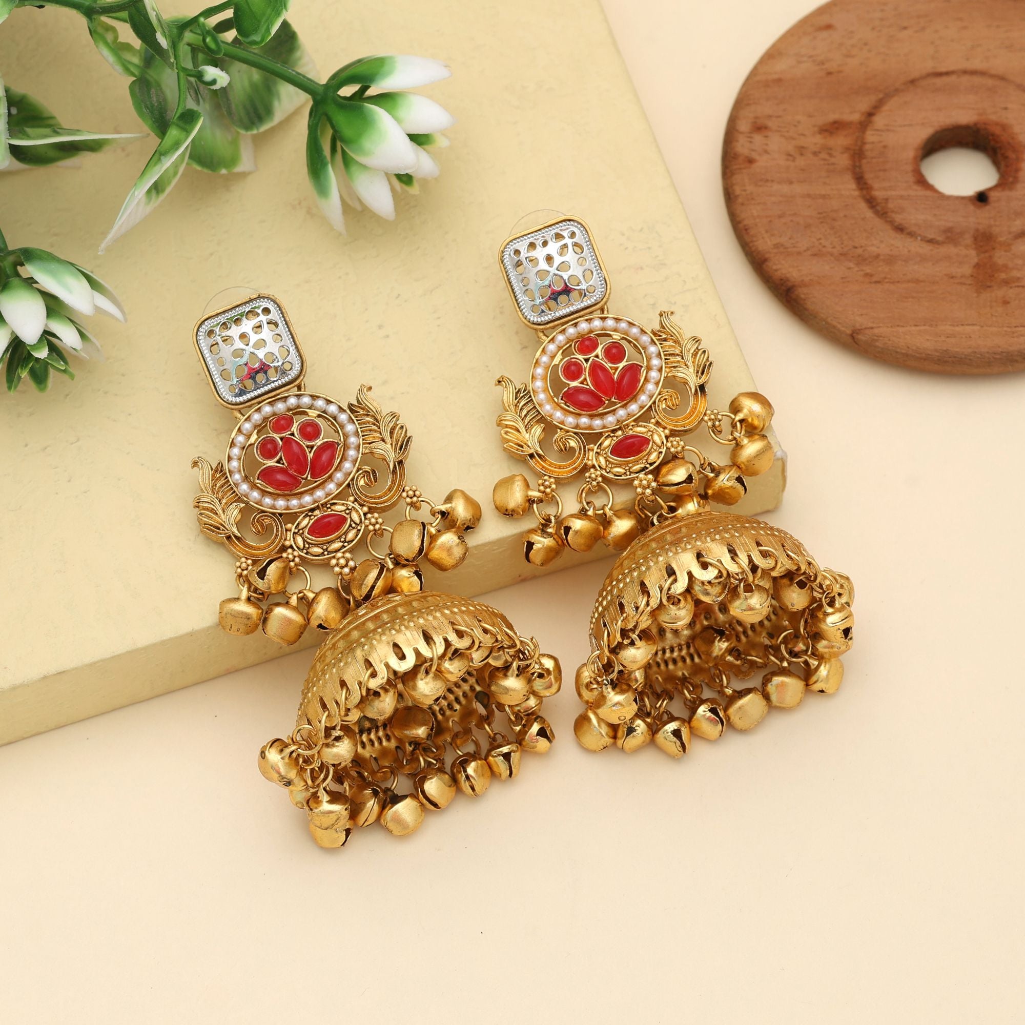 Red Color Jhumka Kasmiri Earrings Bridal Traditional Jewelry With Rich Look - Red