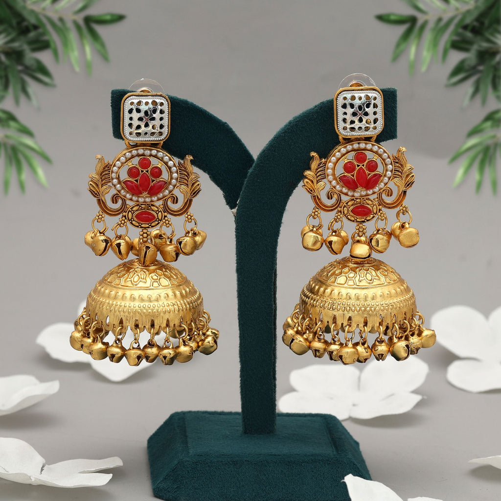 Red Color Jhumka Kasmiri Earrings Bridal Traditional Jewelry With Rich Look - Red
