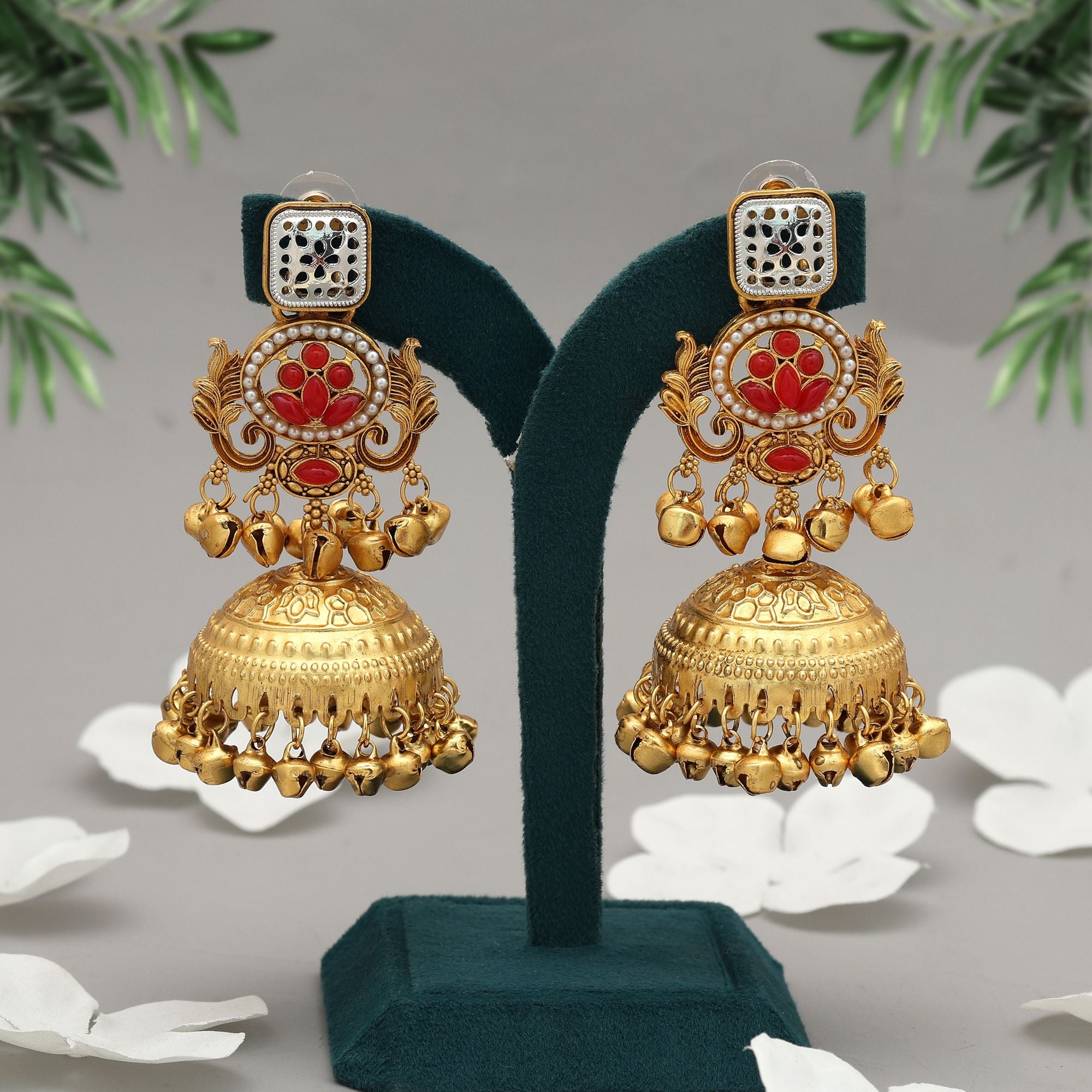 Red Color Jhumka Kasmiri Earrings Bridal Traditional Jewelry With Rich Look - Red