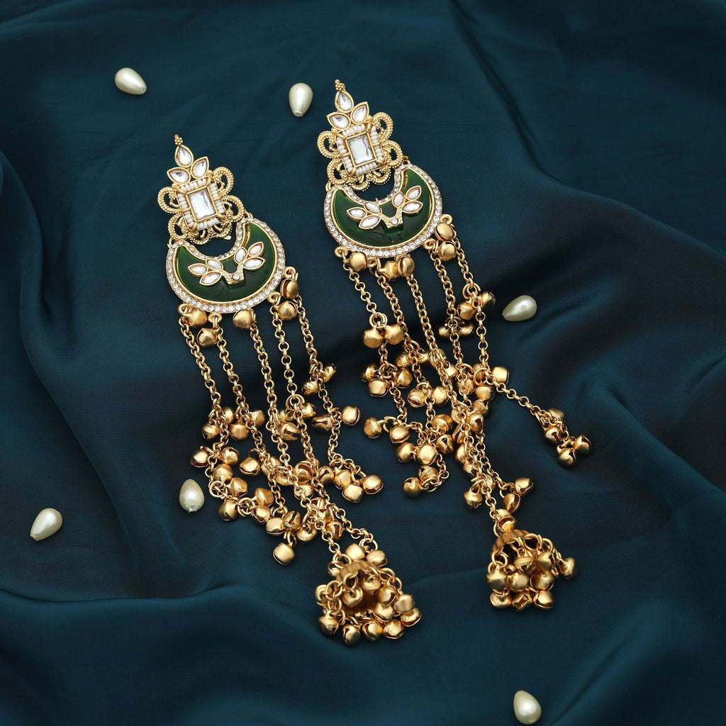 Green Color Long Kasmiri Earrings Traditional Ethnic Statement Jewelry Design - Green