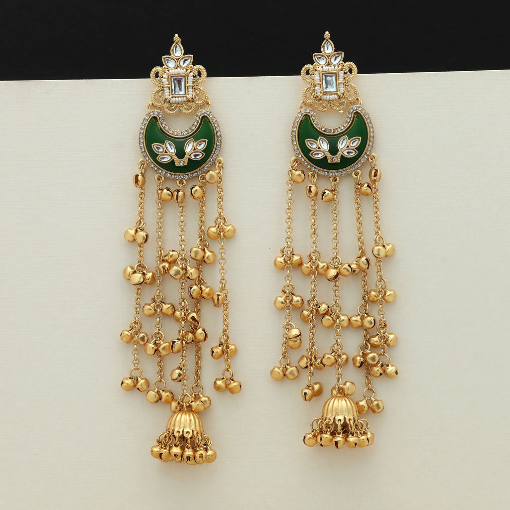 Green Color Long Kasmiri Earrings Traditional Ethnic Statement Jewelry Design - Green