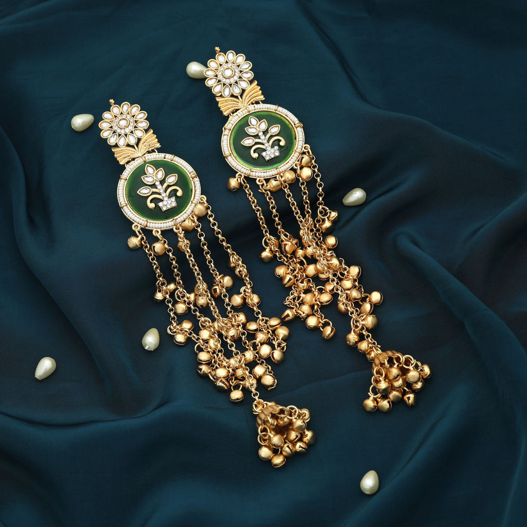 Green Color Long Kashmiri Earrings Stylish Traditional Ethnic Jewelry - Green