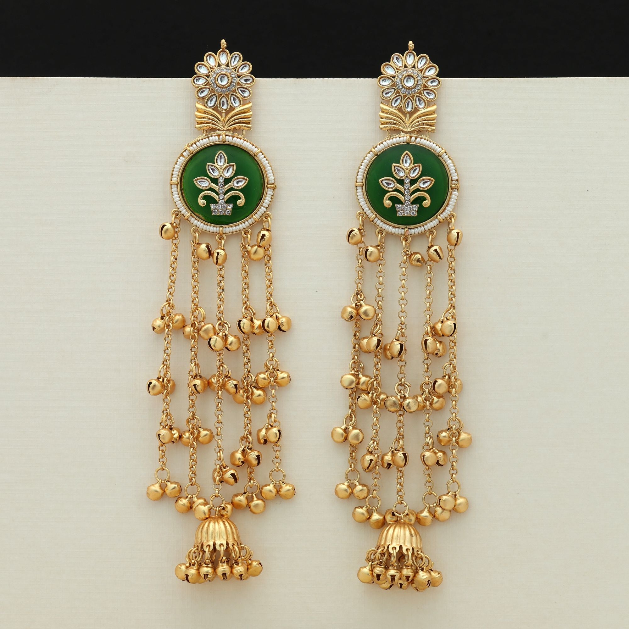 Green Color Long Kashmiri Earrings Stylish Traditional Ethnic Jewelry - Green