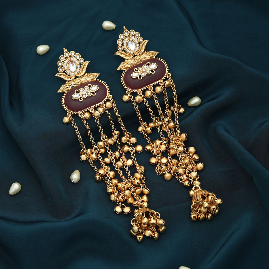 Maroon Color Long Kasmiri Earrings Bold Traditional Statement Jewelry - Maroon