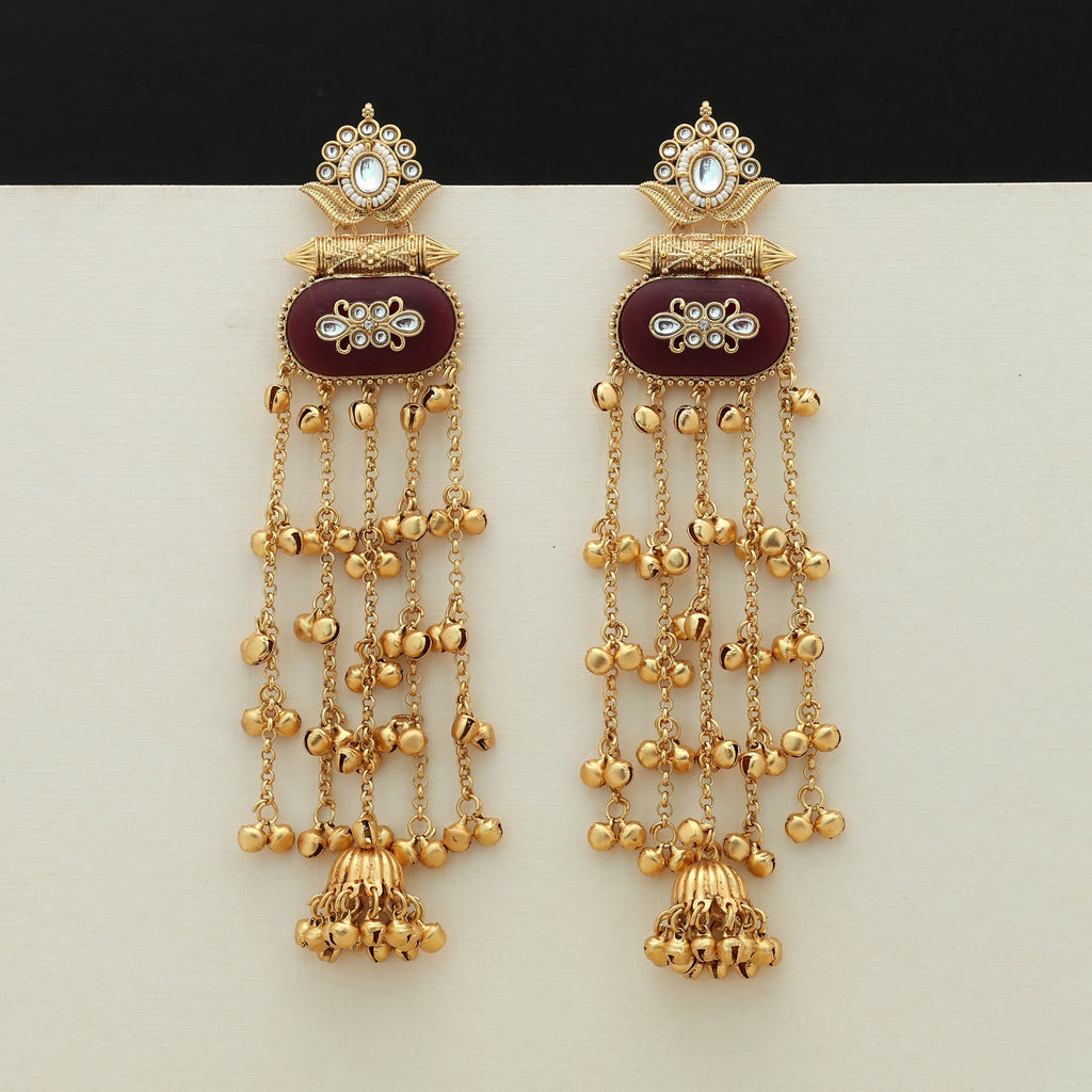Maroon Color Long Kasmiri Earrings Bold Traditional Statement Jewelry - Maroon