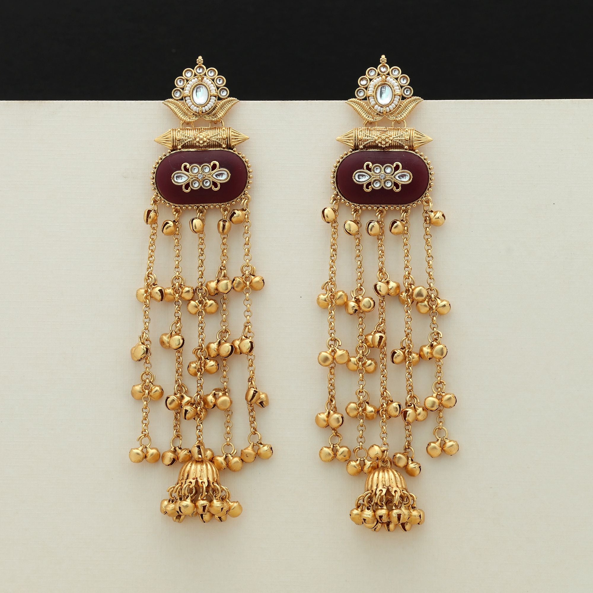 Maroon Color Long Kasmiri Earrings Bold Traditional Statement Jewelry - Maroon