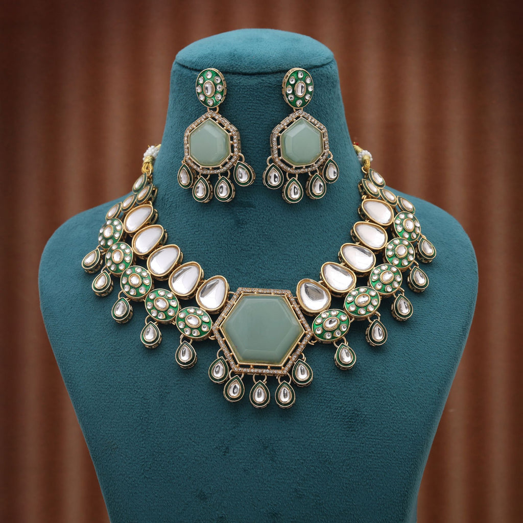 Pista Green Color Kundan Necklace Set Styled As Necklace Fashion Jewelry - Pista Green