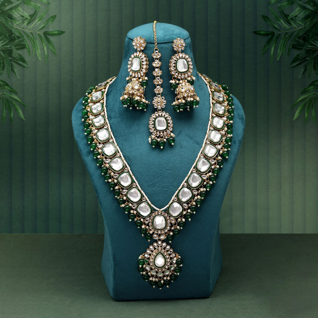 Stylish Green Color Kundan Necklace Set Designed With Premium Detailing For Party And Festival Wear - Green