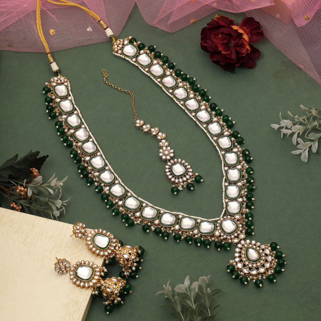 Stylish Green Color Kundan Necklace Set Designed With Premium Detailing For Party And Festival Wear - Green