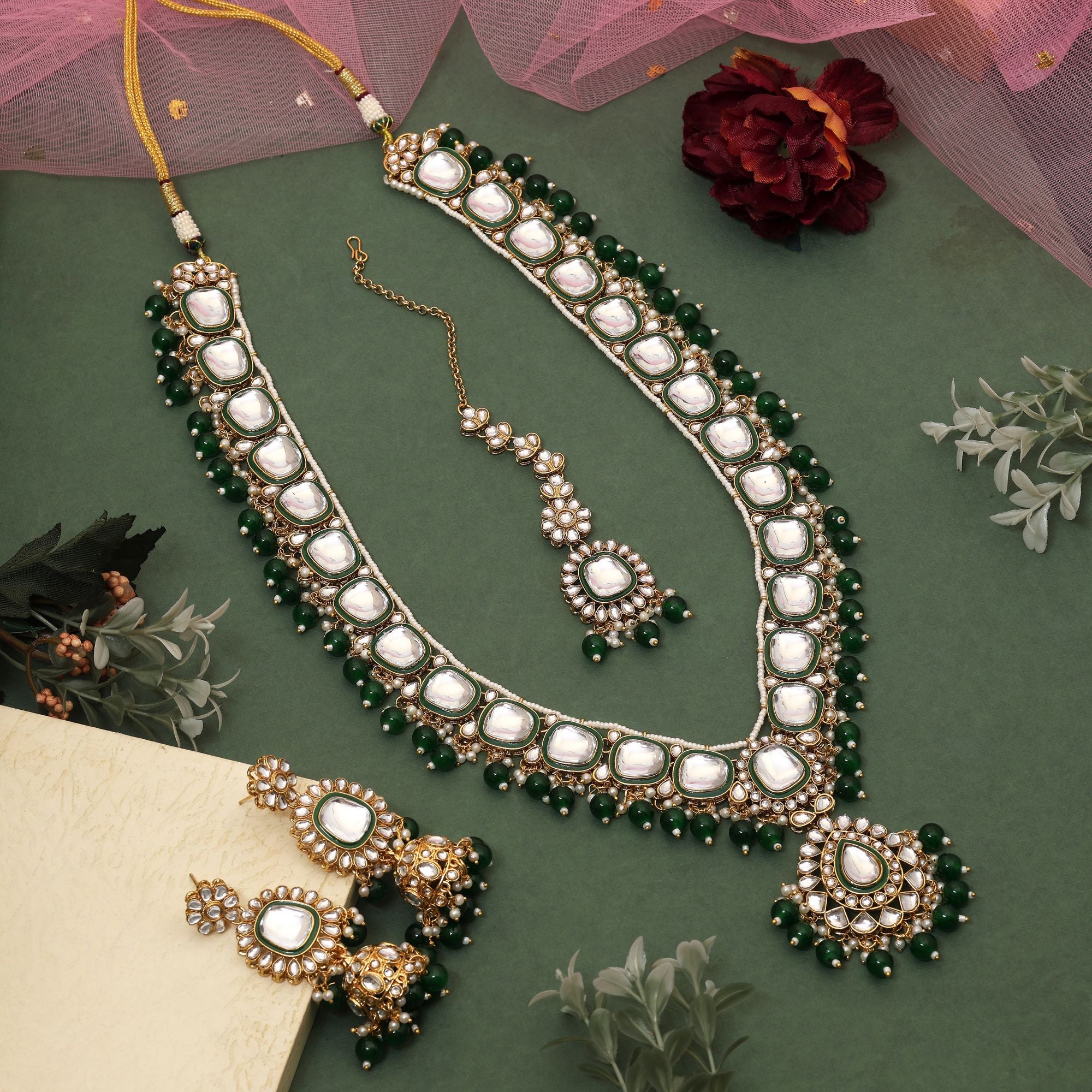 Stylish Green Color Kundan Necklace Set Designed With Premium Detailing For Party And Festival Wear - Green