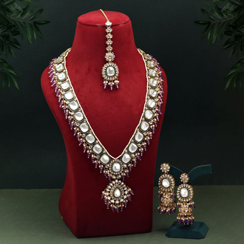 Royal Purple Color Kundan Necklace Set Designed For Engagements, Weddings, And Ethnic Outfits - Purple