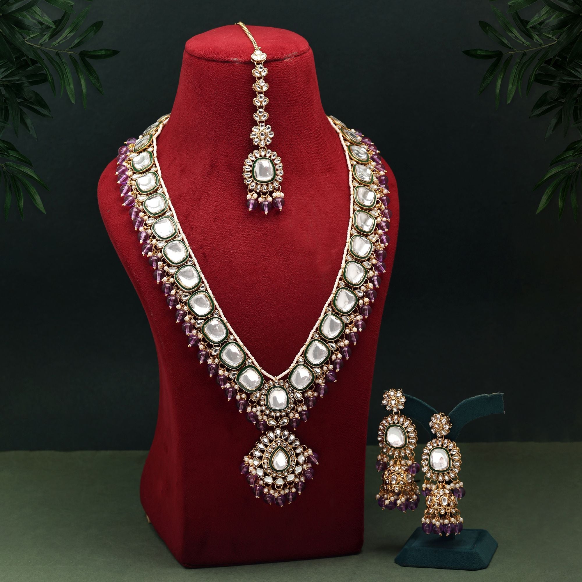Royal Purple Color Kundan Necklace Set Designed For Engagements, Weddings, And Ethnic Outfits - Purple