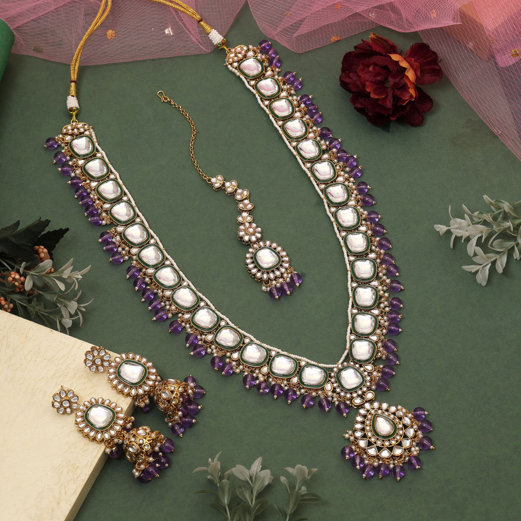Royal Purple Color Kundan Necklace Set Designed For Engagements, Weddings, And Ethnic Outfits - Purple
