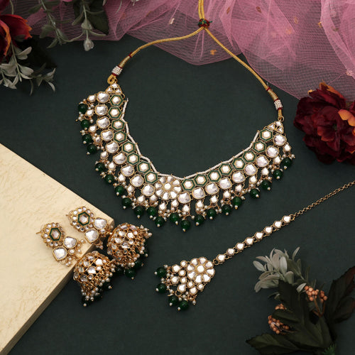 Beautiful Green Color Meena Work Kundan Necklace Set Crafted With Premium Detailing For Bridal Jewelry - Green