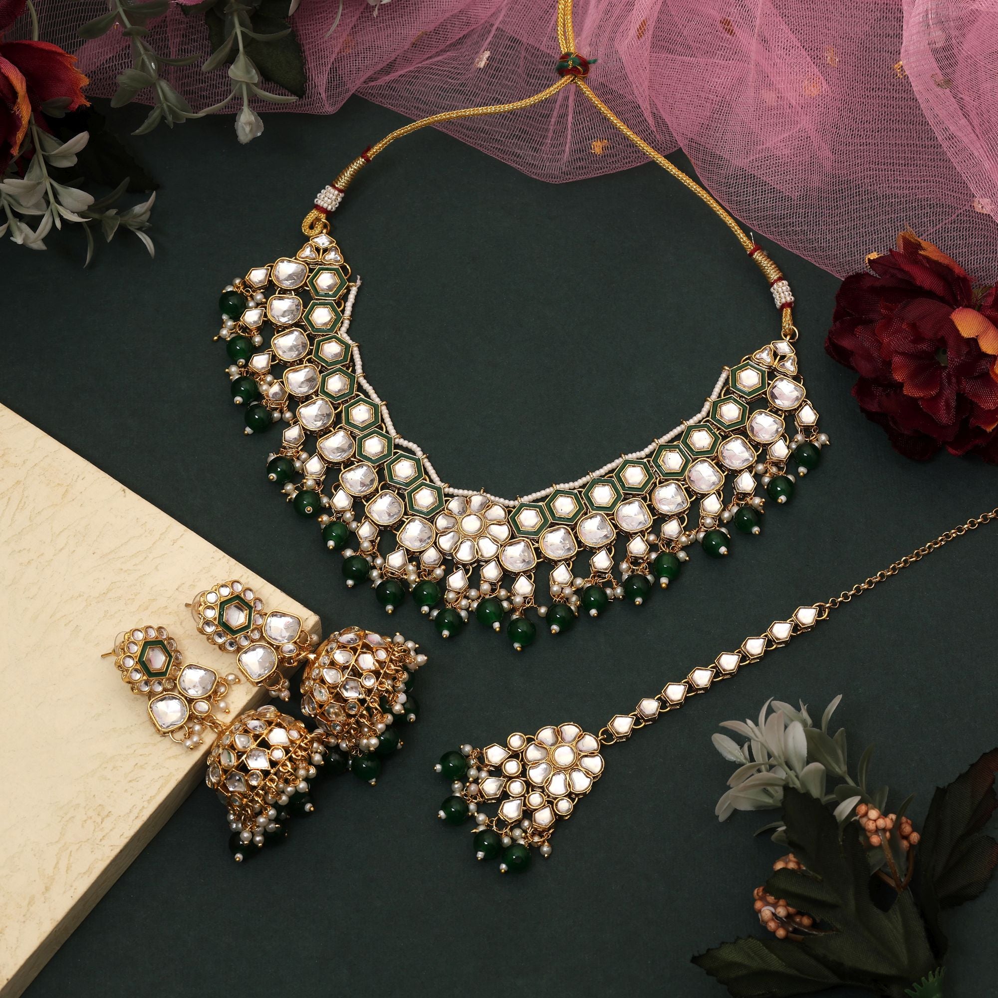 Trendy Green Color Kundan Necklace Set Perfect For Weddings Festivals And Parties - Green