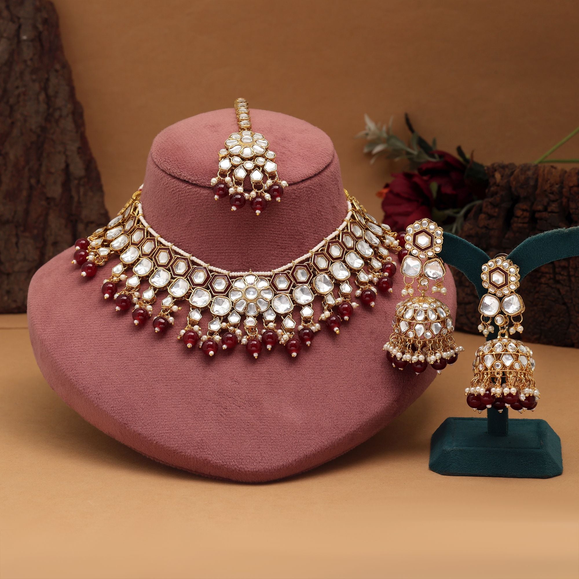 Elegant Maroon Color Meena Work Kundan Necklace Set Designed For Weddings And Traditional Celebrations - Maroon